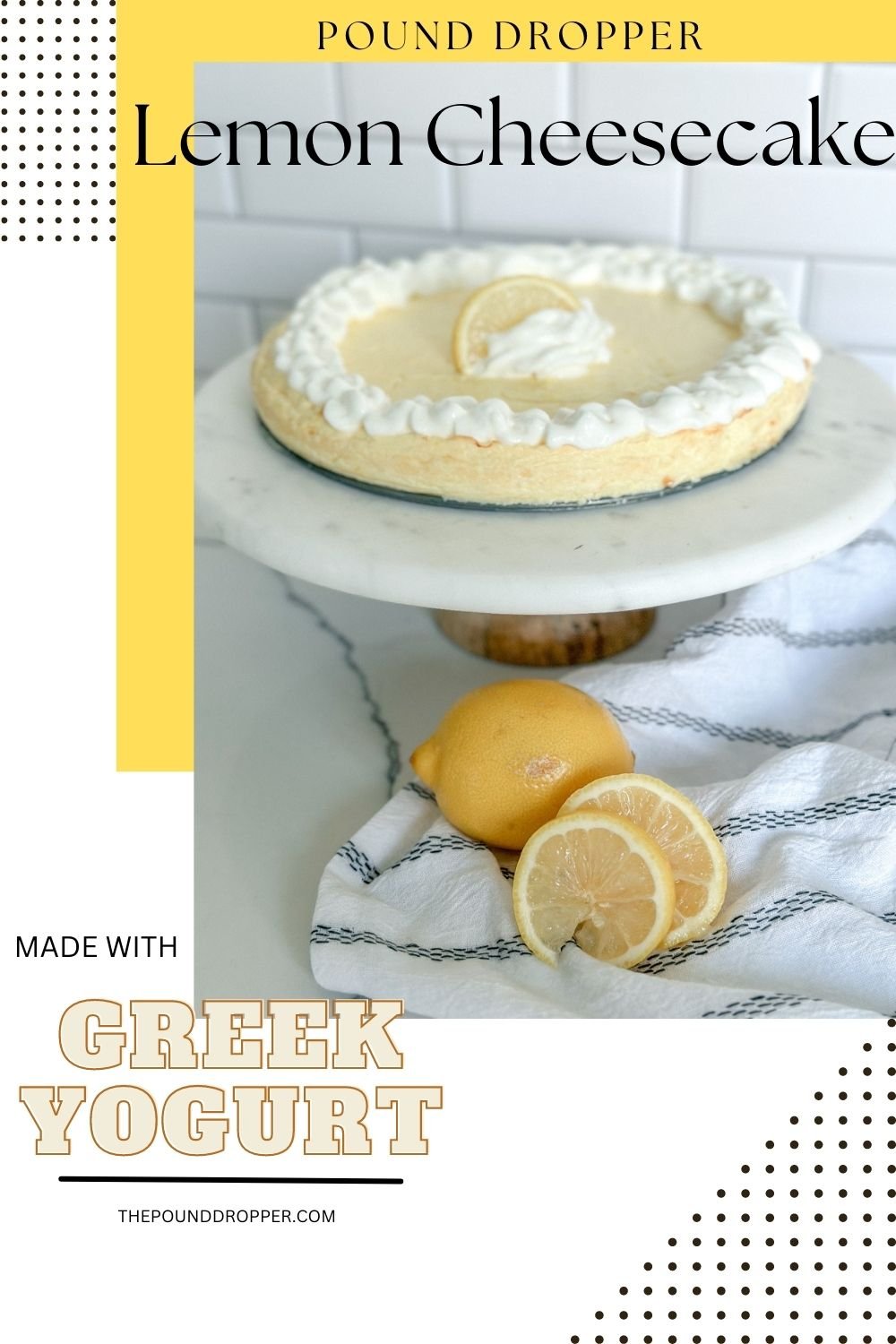 A Low Point Lemon Cheesecake made with Greek yogurt, eggs, and sugar free pudding mix makes for guilt-free sweet dessert. via @pounddropper