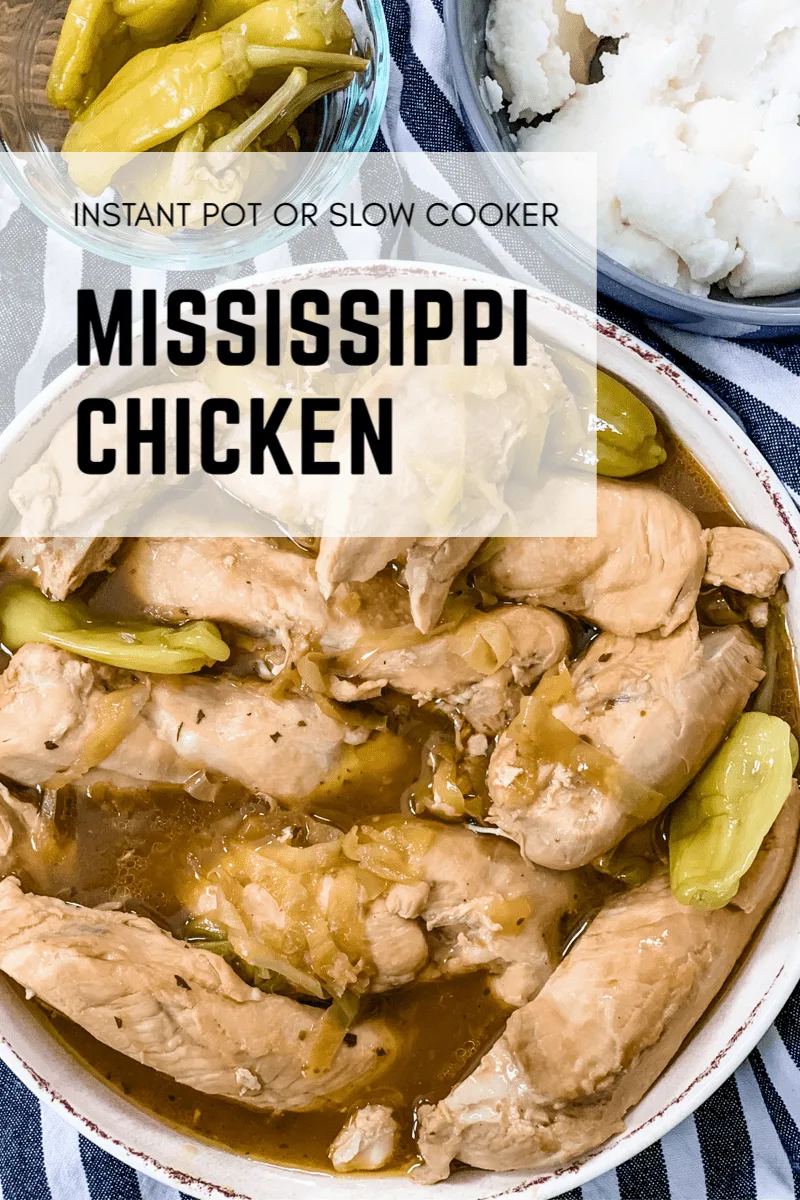 This Instant Pot or Slow Cooker Mississippi Chicken is a combination of five simple ingredients that comes together to make an amazing dish! via @pounddropper