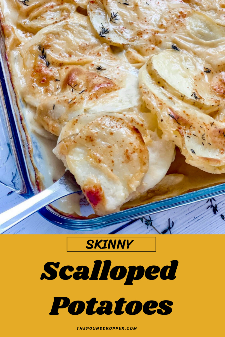 These Skinny Scalloped Potatoes are the perfect side dish to any meal!  Sliced potatoes in a creamy cheesy sauce and baked to perfection! They are a huge a crowd pleaser! via @pounddropper