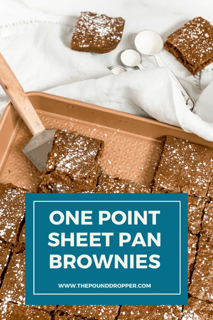  This One Point Sheet Pan Brownie is everything you'd want in homemade BUT lower in points than classic homemade brownies! The best part is that they can be ready in less than 30 minutes. They are the PERFECT chocolatey treat! via @pounddropper