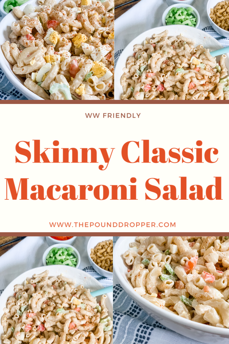 Skinny Classic Macaroni Salad is a lighten up version of a classic macaroni salad-packed with elbow noodles, chopped celery, scallions, red peppers, and hard boiled eggs, then tossed in a light creamy dressing! It's sure to be a picnic favorite! via @pounddropper