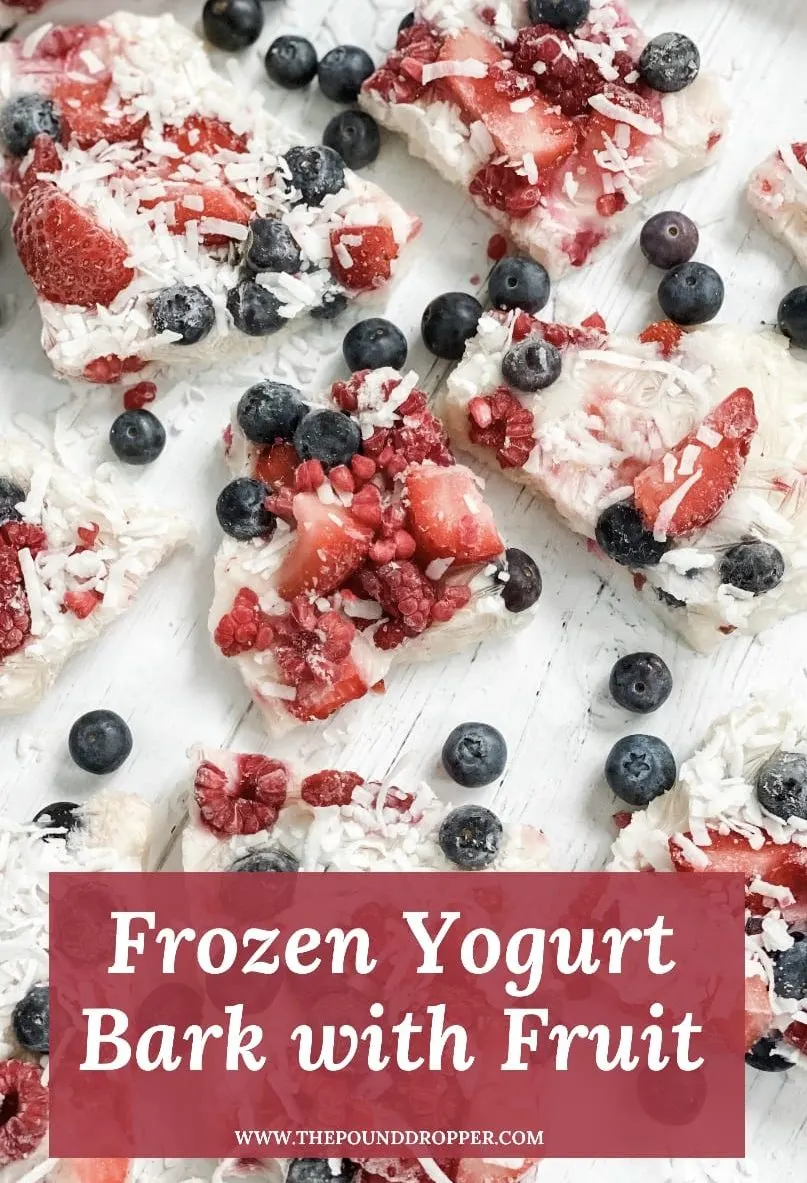 This Frozen Yogurt Bark with Fruit is simple to make and so refreshing! Made with non fat creamy plain or Greek yogurt, Lakanto monk fruit sweetener, vanilla, and fresh fruit. This makes for the perfect summertime snack or treat! via @pounddropper
