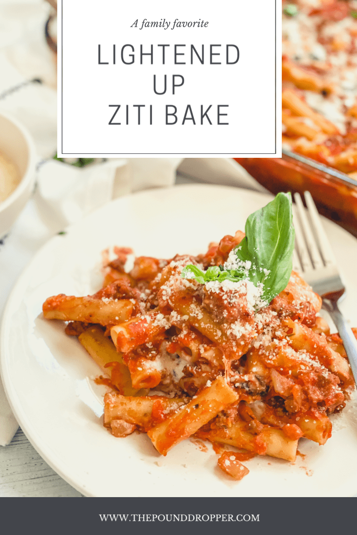 This Easy Lightened Up Ziti Bake is a huge family favorite! It's creamy, cheesy, and packed with a homemade lean beefy spaghetti sauce-which makes for a delicious family recipe! via @pounddropper
