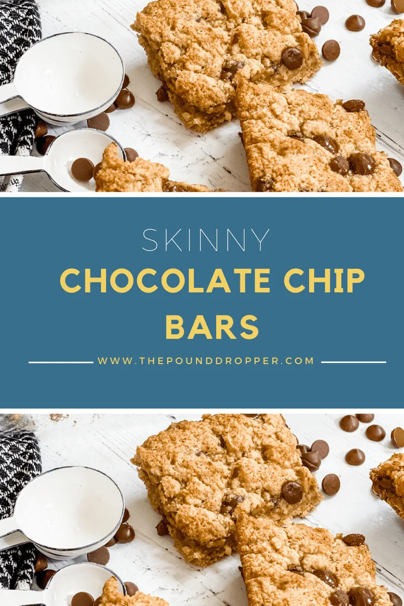 These Skinny Chocolate Chip Bars are made healthier-using protein pancake mix, eggs, unsweetened applesauce, and sweetened with monk-fruit natural sweetener, vanilla extract, and no sugar added chocolate chips! These make for an easy healthy dessert or even breakfast! via @pounddropper