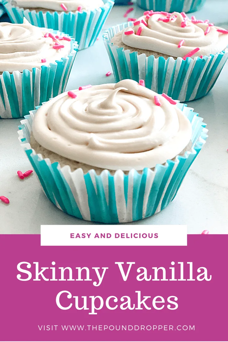 These Skinny Vanilla Cupcake are a skinny version of a classic easy vanilla cupcake recipe!  They are fluffy, perfectly sweet, and irresistibly good! via @pounddropper