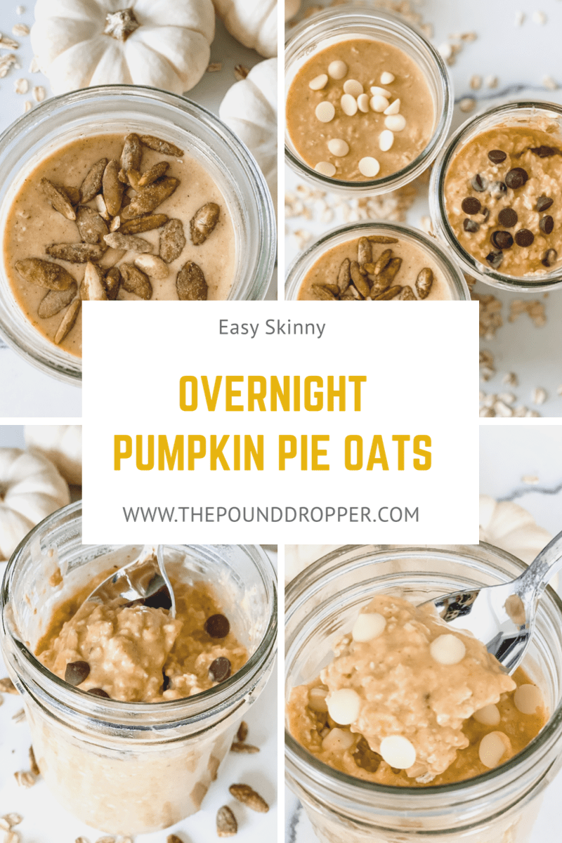 These Easy Skinny Overnight Pumpkin Pie Oats make for the perfect meal prep! Just spend just a few minutes in the evening preparing your oats, and you’ll have a quick and easy, filling breakfast in the morning! via @pounddropper