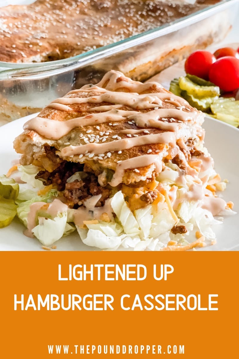 This Lightened Up Hamburger Casserole make for the best comfort dinner! This hamburger casserole is lightened up using Laura's 96% Lean Ground Beef-covered with a reduced fat dough sheet, topped with lettuce, cheese, tomato, and then drizzled with a tasty homemade hamburger dressing! It's sure to be a family favorite!  via @pounddropper