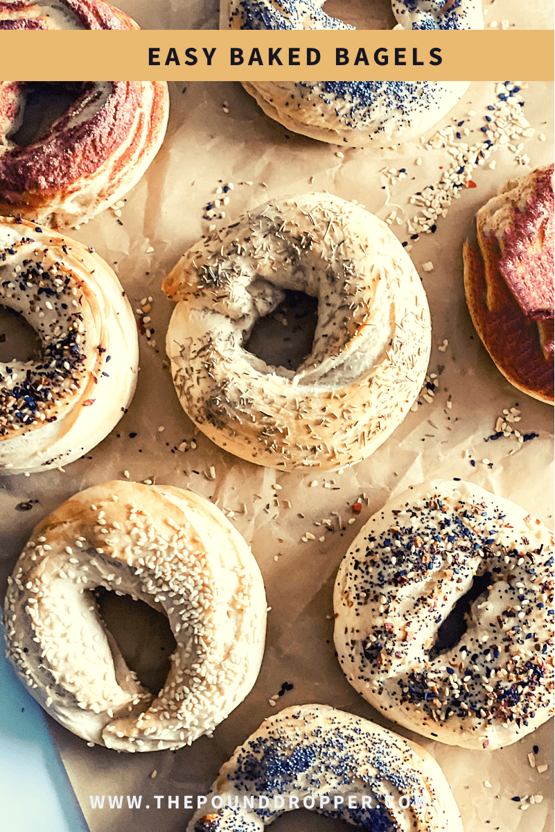 These Easy Baked Bagels are made with my Quick and Easy Weight Watchers Dough recipe- which is the absolute BEST! Top the bagels with sesame seeds, poppy seeds, rosemary, jalapeños, shredded cheese, cinnamon sugar, or everything but the bagel seasoning-perfect for meal prep or on-the-go breakfast! via @pounddropper