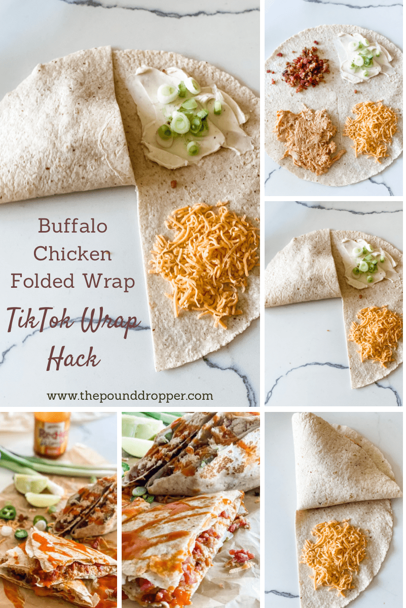 This Buffalo Chicken Folded Wrap is made with Greek yogurt, shredded chicken, buffalo sauce, and packed with delicious fixings; light cream cheese, crumbled bacon, green onions, and shredded cheddar cheese-folded up using the latest TikTok tortilla wrap hack! via @pounddropper