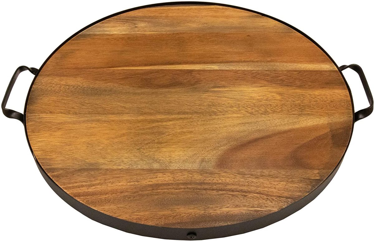 Round Serving Tray, Solid Wood with Metal Band 
