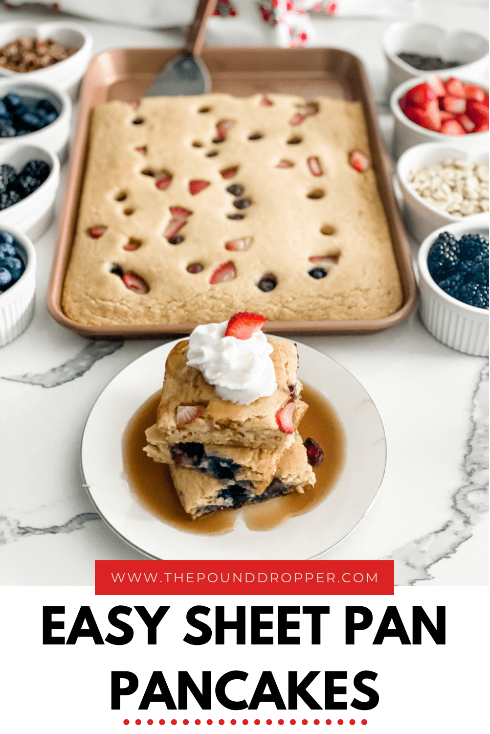 These Easy Sheet Pan Pancakes make mornings a breeze! These sheet pan pancakes are easy, simple, and a crowd pleaser! Perfect for busy weekday mornings or weekend brunch!  via @pounddropper