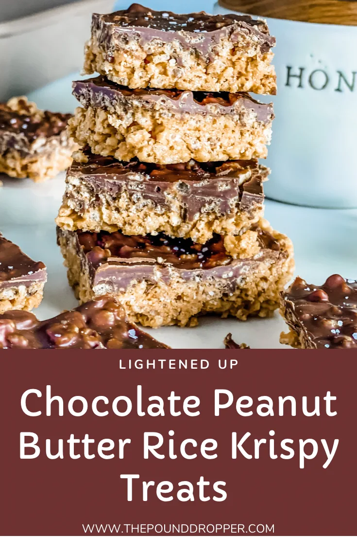 These Lightened Up Chocolate Peanut Butter Rice Krispie Treats make for an easy no bake chocolate peanut buttery treat- made with only 6 ingredients! These are DELISH-and a healthier alternative to the classic Chocolate Peanut Butter Rice Krispy Treat-using honey instead of corn syrup! via @pounddropper