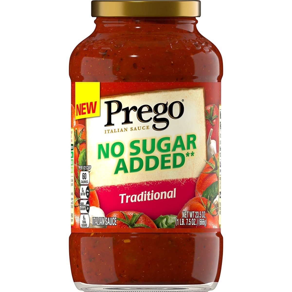 Prego Pasta Sauce, No Sugar Added Traditional Tomato Sauce, 23.5 Ounce Jar
