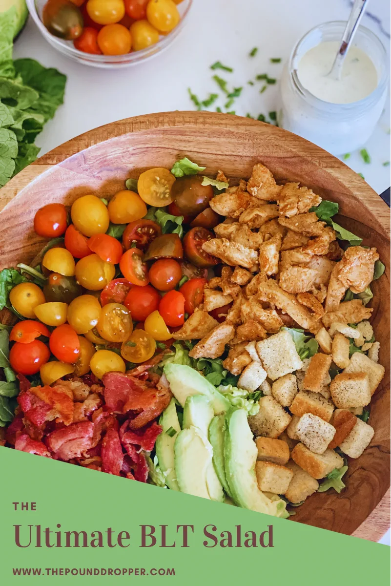 This Ultimate BLT Salad is packed with bacon, lettuce, and tomatoes-all of which is a twist on the classic sandwich-along with cooked chicken, avocado, and croutons-making it the Ultimate BLT Salad! This can be served as a side dish or as a main dish! via @pounddropper