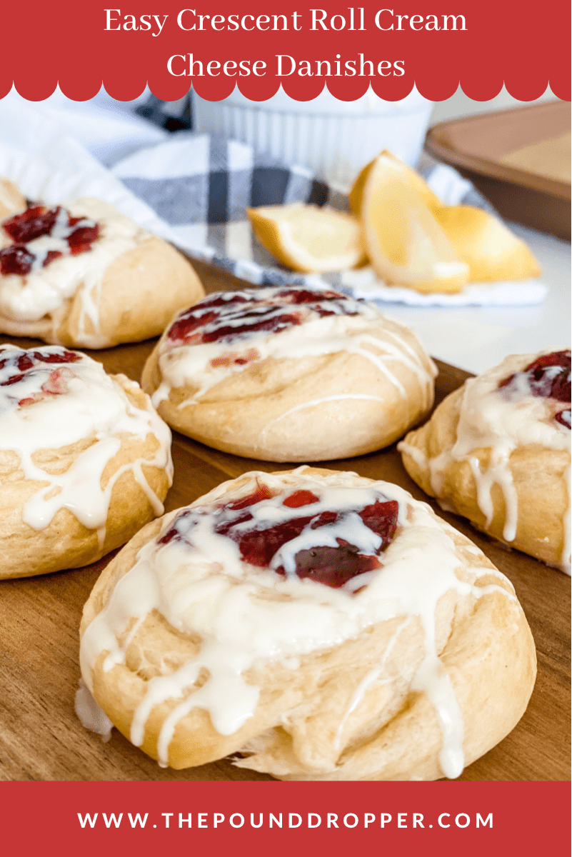 These Easy Crescent Roll Cream Cheese Danishes are made easy-using Crescent rolls, reduced fat cream cheese, sugar free fruit preserves, and then drizzled with icing!! These make for an easy and delicious breakfast, snack, or dessert! via @pounddropper