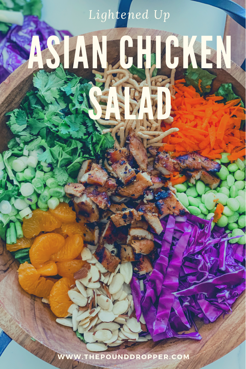This Lightened Up Asian Chicken Salad is packed with so much goodness-teriyaki chicken, mandarin oranges, edamame, chow mein noodles, almonds, shredded carrots, cilantro leaves, green onions, red cabbage, and then drizzled with delicious homemade dressing!! via @pounddropper
