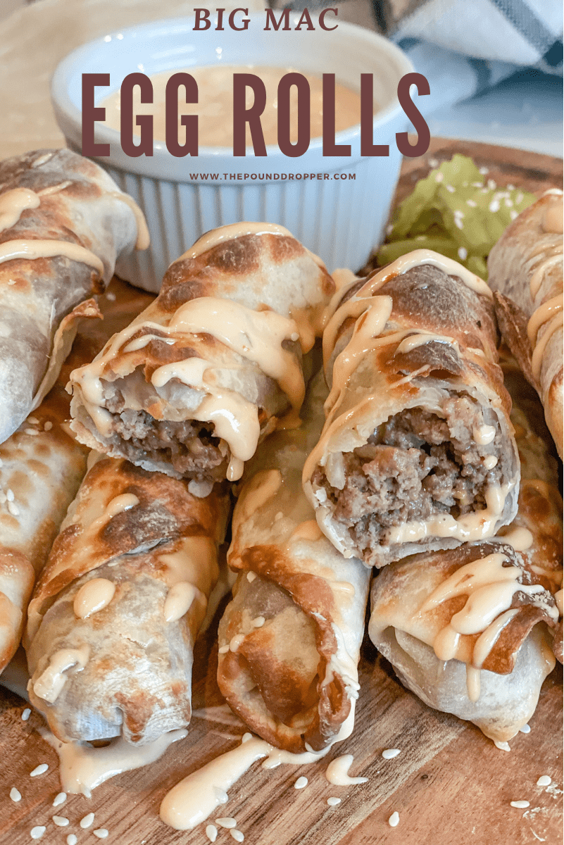 These Big Mac Egg Rolls are little Big Macs in an egg roll form!! These are everything you love in a Big Mac -lean beef, garlic, white onion, pickles, cheese - all rolled into a baked egg roll and then drizzled with my Skinny Big Mac Sauce! Perfect for appetizers, parties, or as a quick lunch or dinner! via @pounddropper