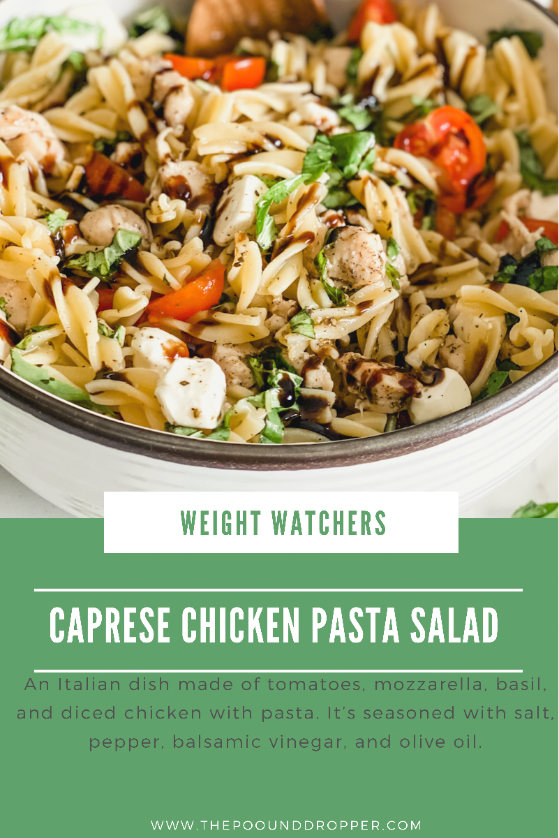 This Caprese Chicken Pasta Salad is fresh, flavorful and delicious! Packed with cold pasta, chicken, tomatoes, mozzarella, and basil-then seasoned with Italian seasonings, salt, pepper, a little olive oil and white balsamic vinegar! This pasta salad is a true winner in my book!  via @pounddropper