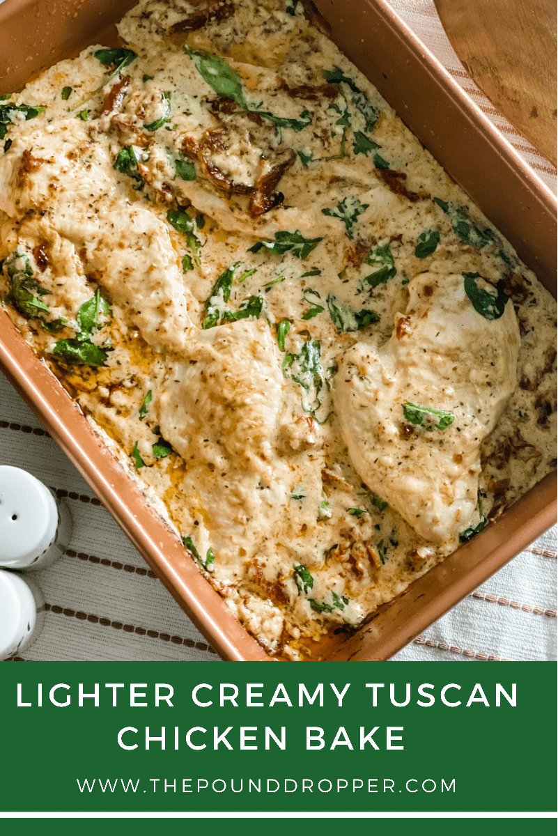 This Lighter Creamy Tuscan Chicken Bake has the most perfect lightened up creamy garlic Parmesan sauce-smothered over thinly sliced chicken breast, sun dried tomatoes, and fresh spinach. This is a restaurant worthy dish you don’t want to miss out on-and the ultimate comfort food dinner! via @pounddropper