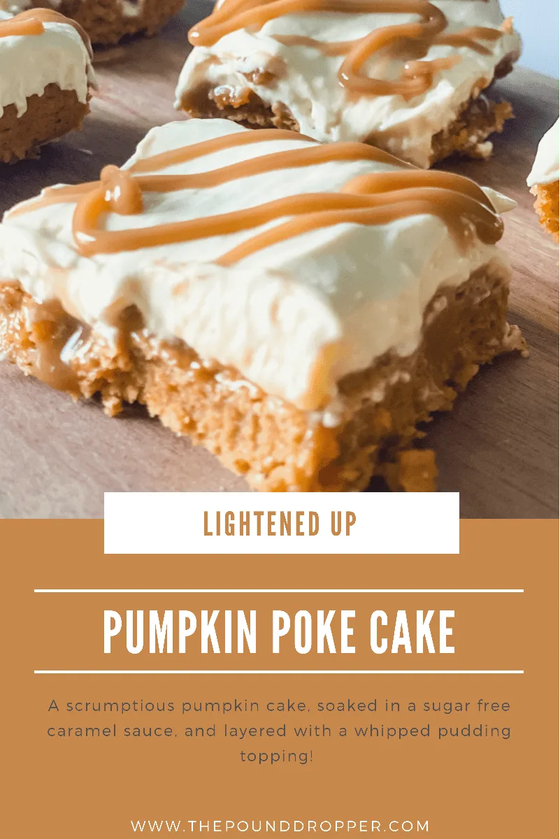 This Lightened Up Pumpkin Poke Cake is an all time fall favorite at our house! It's a scrumptious pumpkin cake, soaked in a sugar free caramel sauce, and layered with a whipped cream pudding topping! It's sure to satisfy any sweet tooth! via @pounddropper