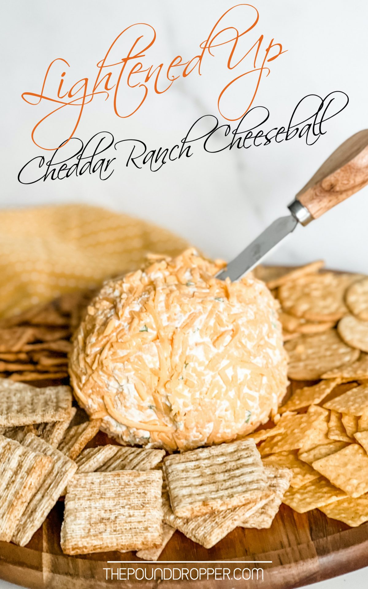 This Cheddar Ranch Cheeseball recipe is so easy and SO good! It’s lightened up using laughing cow cheese wedges vs. cream cheese and all you need to do is mix together the ingredients and form into a ball! via @pounddropper