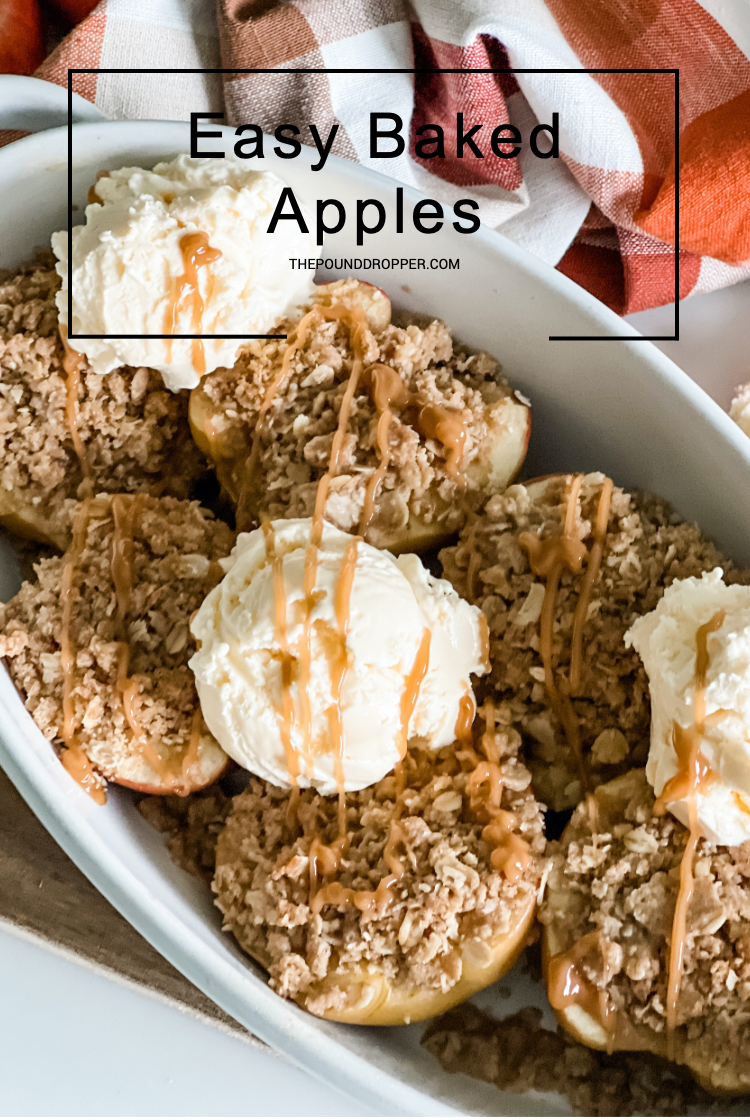 This Easy Baked Apples recipe is filled with a cinnamon streusel topping makes a favorite fall dessert! Serve warm with a dollop of low point vanilla ice cream and a drizzle of sugar free caramel sauce for an even more mouth watering treat or dessert! via @pounddropper