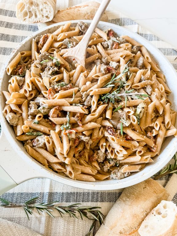 Lightened Up Creamy Tuscan Sausage Pasta - Pound Dropper