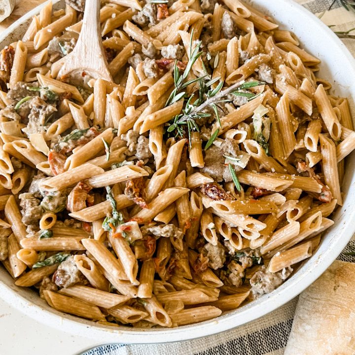 Lightened Up Creamy Tuscan Sausage Pasta - Pound Dropper