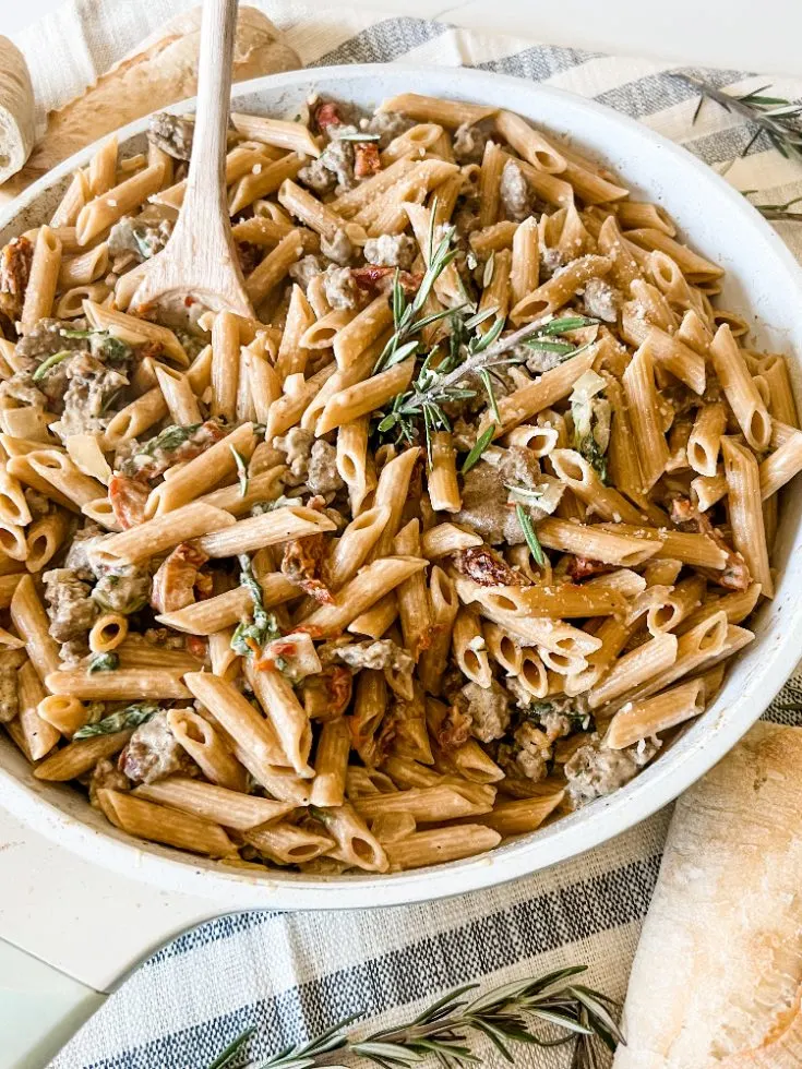 Lightened Up Creamy Tuscan Sausage Pasta - Pound Dropper