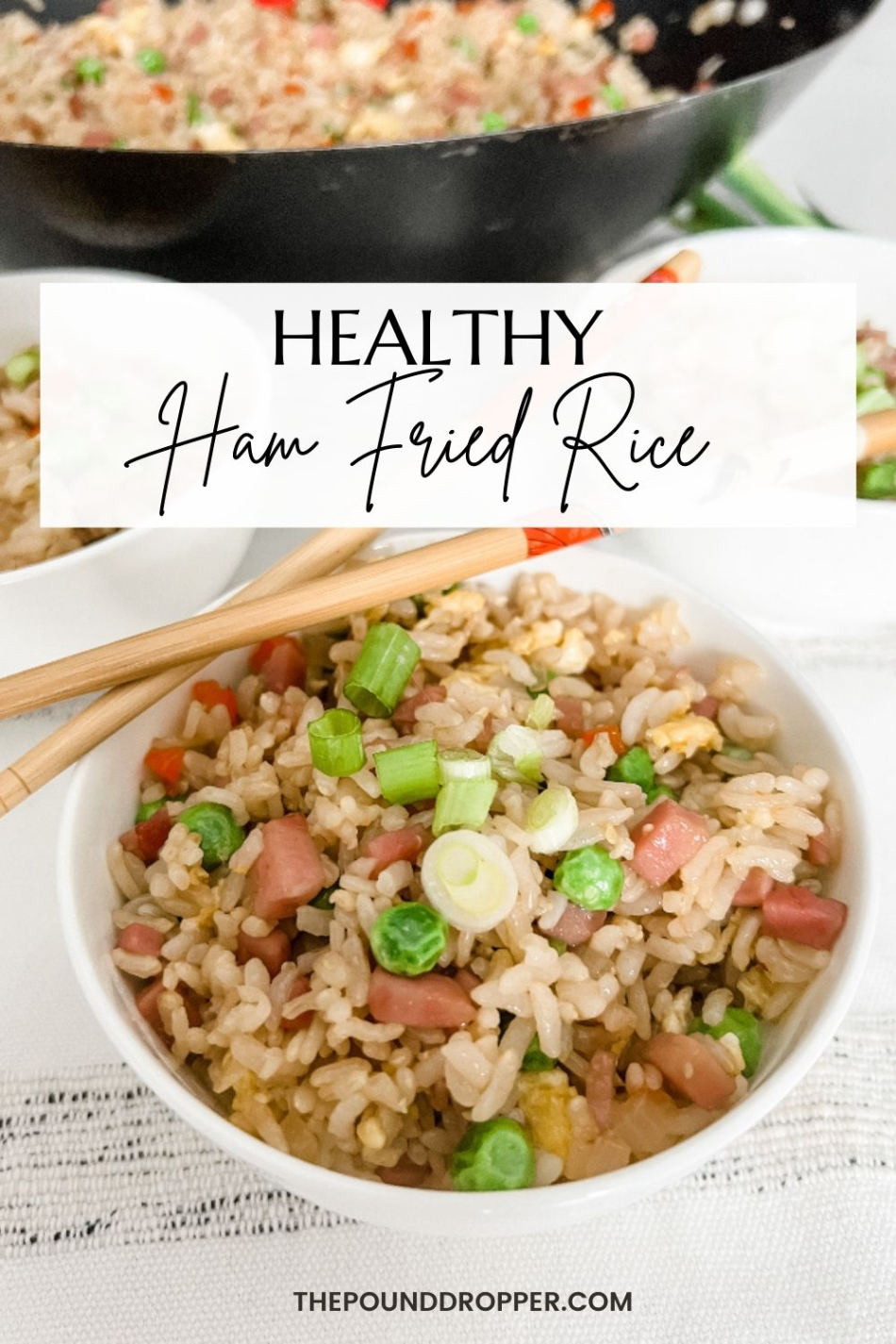 This Healthy Ham Fried Rice makes for fantastic family friendly side dish or meal-made with simple ingredients like diced ham, fresh and frozen veggies, eggs, and leftover rice! This is simple to make and can be made in under 30 minutes! via @pounddropper