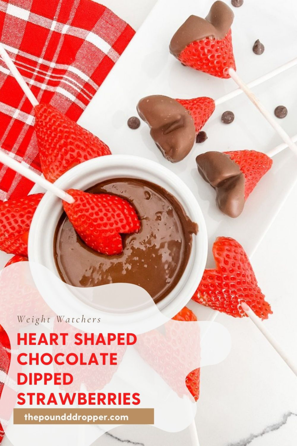 Sugar Free Heart Shaped Chocolate Dipped Strawberries using from fresh strawberries and no sugar added milk chocolate chips! In just a few minutes you can transform a few strawberries into a Valentine treat that can be enjoyed as-is, or dipped in chocolate! via @pounddropper