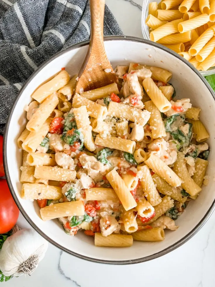 Lightened Up One Pot Creamy Chicken Florentine Pasta - Pound Dropper