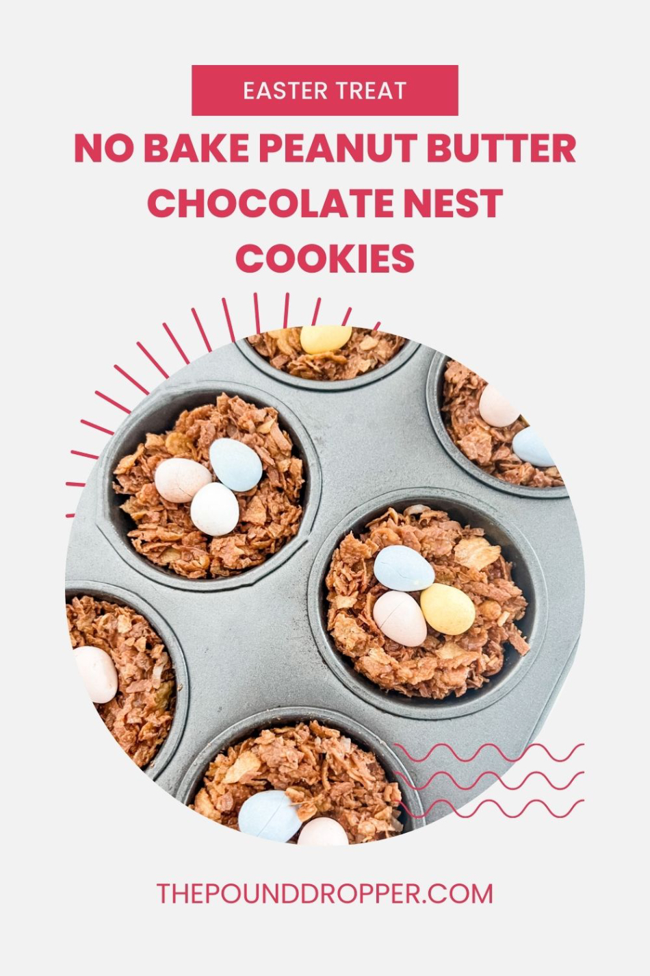 These No-Bake Peanut Butter Chocolate Egg Nest Cookies are made with sugar free chocolate chips, nut butter, cereal, and topped with candy eggs-they are simple to make, fun to eat, and make for a sweet Easter treat! via @pounddropper
