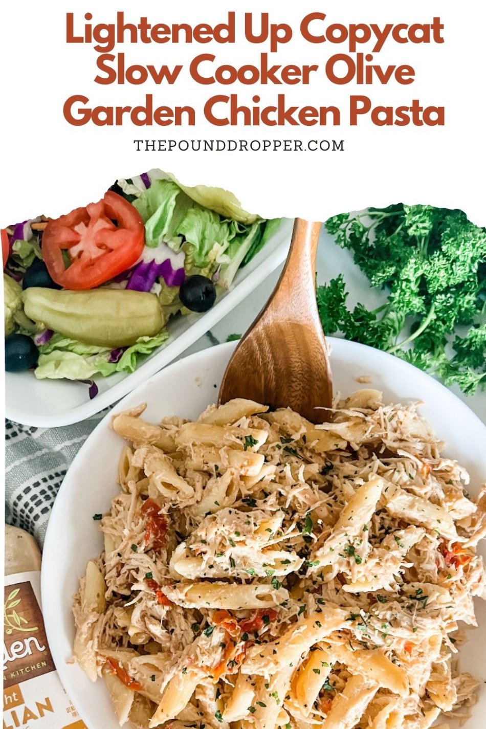This Lightened Up Copycat Slow Cooker Olive Garden Chicken Pasta is a delicious and easy weeknight dinner that the entire family will love. Made with 6 simple ingredients. Just throw chicken breast, sun dried tomatoes, Italian dressing, Parmesan cheese and light cream cheese into a slow cooker-and in just a few hours-you have yourself a tasty meal!  Serve with a salad and garlic bread for a complete meal.  via @pounddropper