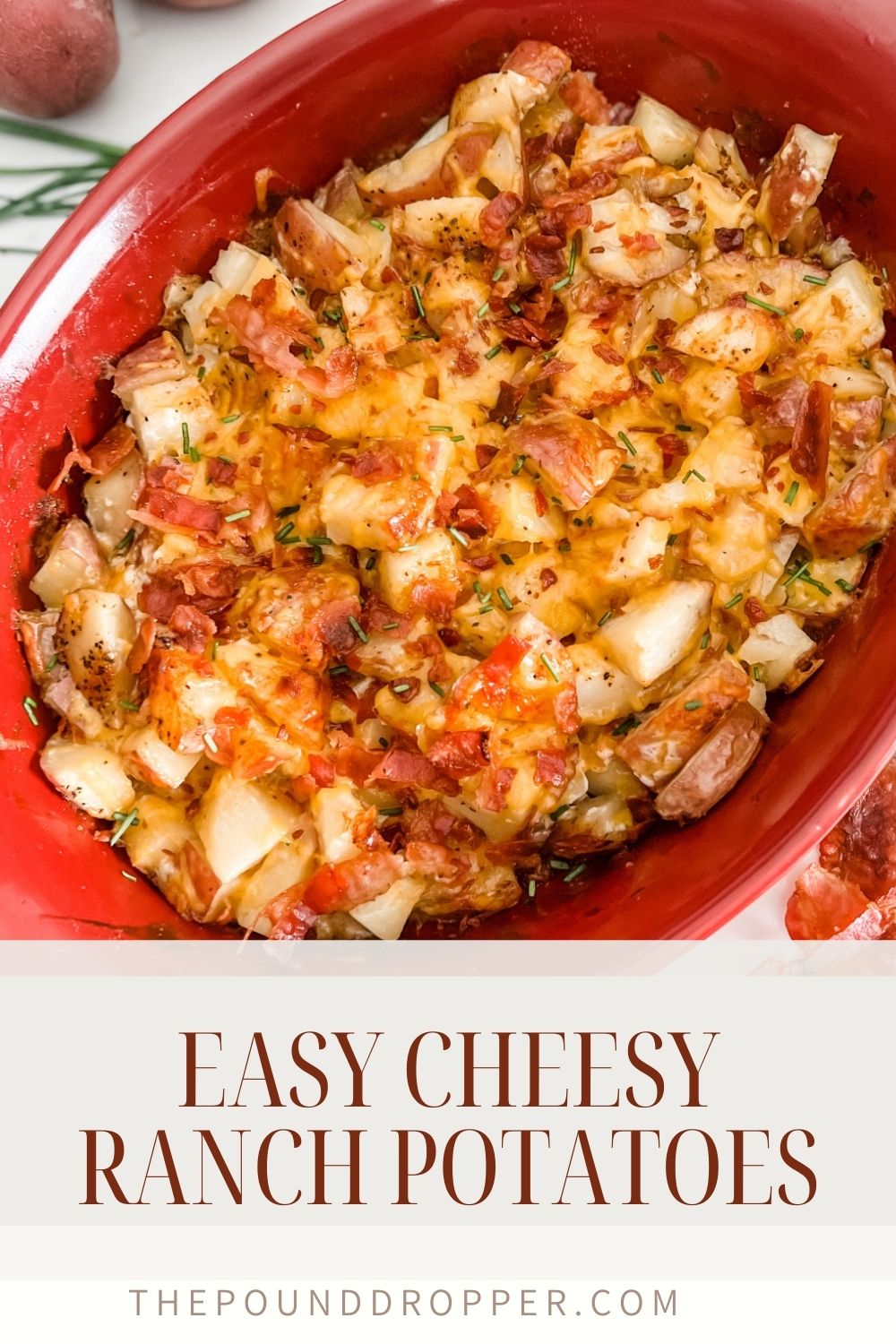 These Easy Cheesy Ranch Potatoes are full of flavor-they're creamy, cheesy, and irresistibly delicious. These easy cheesy potatoes taste decadent but are made lighter with a few simple ingredient swaps! via @pounddropper