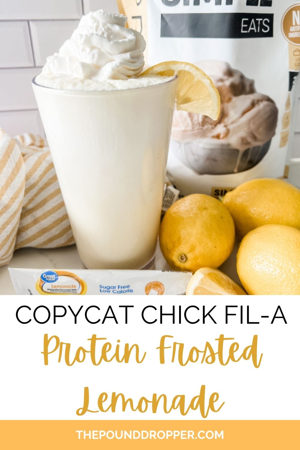 This copycat Chick-fil-A Protein Frosted Lemonade is a healthier alternative that's lower in sugar and packed with up to 20 grams of muscle-loving protein!! A refreshing protein packed smoothie for those warm summer days! via @pounddropper