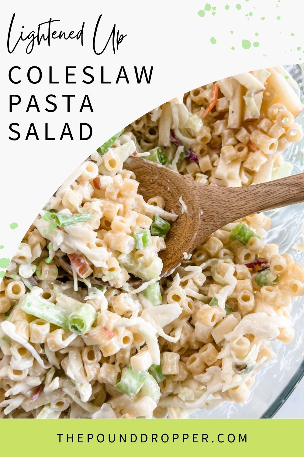 This Lightened Up Coleslaw Macaroni Salad is an easy summer side dish that combines two favorite summer salads: coleslaw and macaroni salad-packed with pasta, coleslaw, celery, diced apples-the combination of two favorite summer salads: coleslaw and macaroni salad! This is an easy and delicious dish to take to a potluck or your next BBQ. via @pounddropper