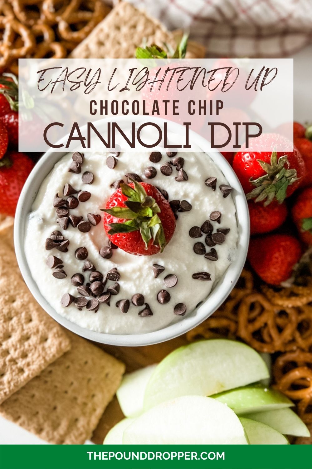 This Easy Lightened Up Chocolate Chip Cannoli Dip has been lightened up using fat-free or light ricotta cheese, light cool whip, monk-fruit powdered sugar sweetener, and vanilla. Easy to make and ridiculously delicious! via @pounddropper