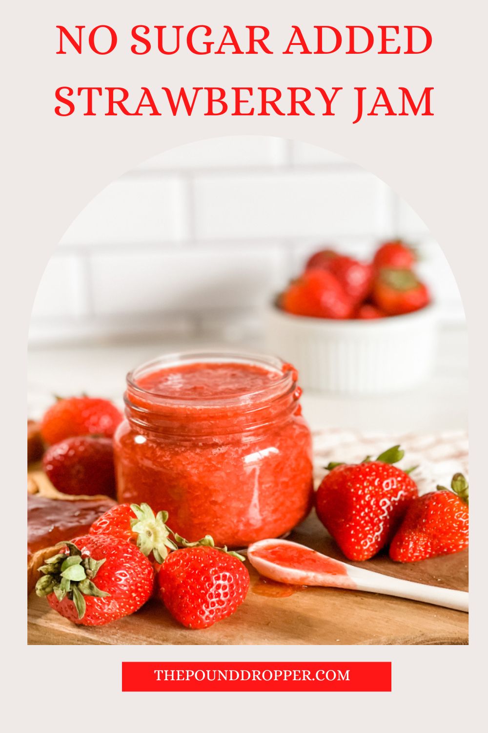 This No Sugar Added Strawberry Jam recipe is simple to make and uses fresh or frozen strawberries-making it so fresh and flavorful. This strawberry jam is made WITHOUT pectin and requires only 3 ingredients! This is the perfect topping for waffles, pancakes, yogurt, oatmeal, toast. It's also very tasty when you put it into muffin batter! via @pounddropper