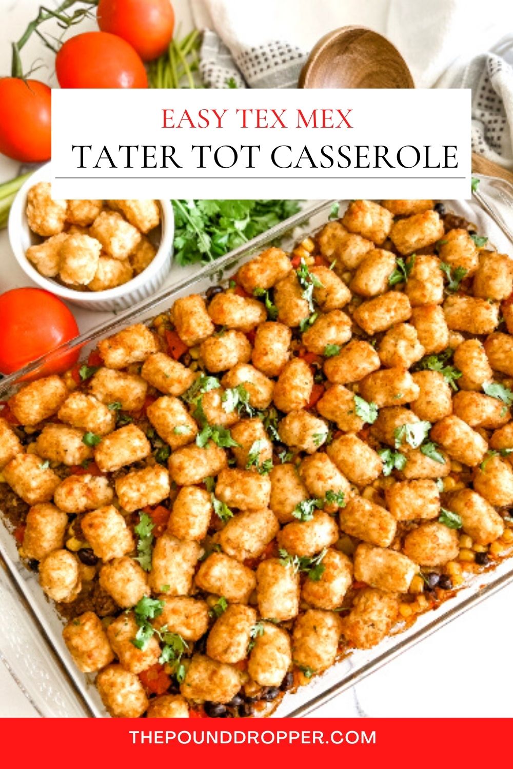 This Tex Mex Tater Tot Casserole recipe is on repeat at our house year round. This tater tot casserole is packed with lean ground beef, black beans, corn, green chilies, diced tomatoes, then covered in a red enchilada sauce and topped with crispy tater tots! It's simple to make and perfect for those busy weeknights!  via @pounddropper