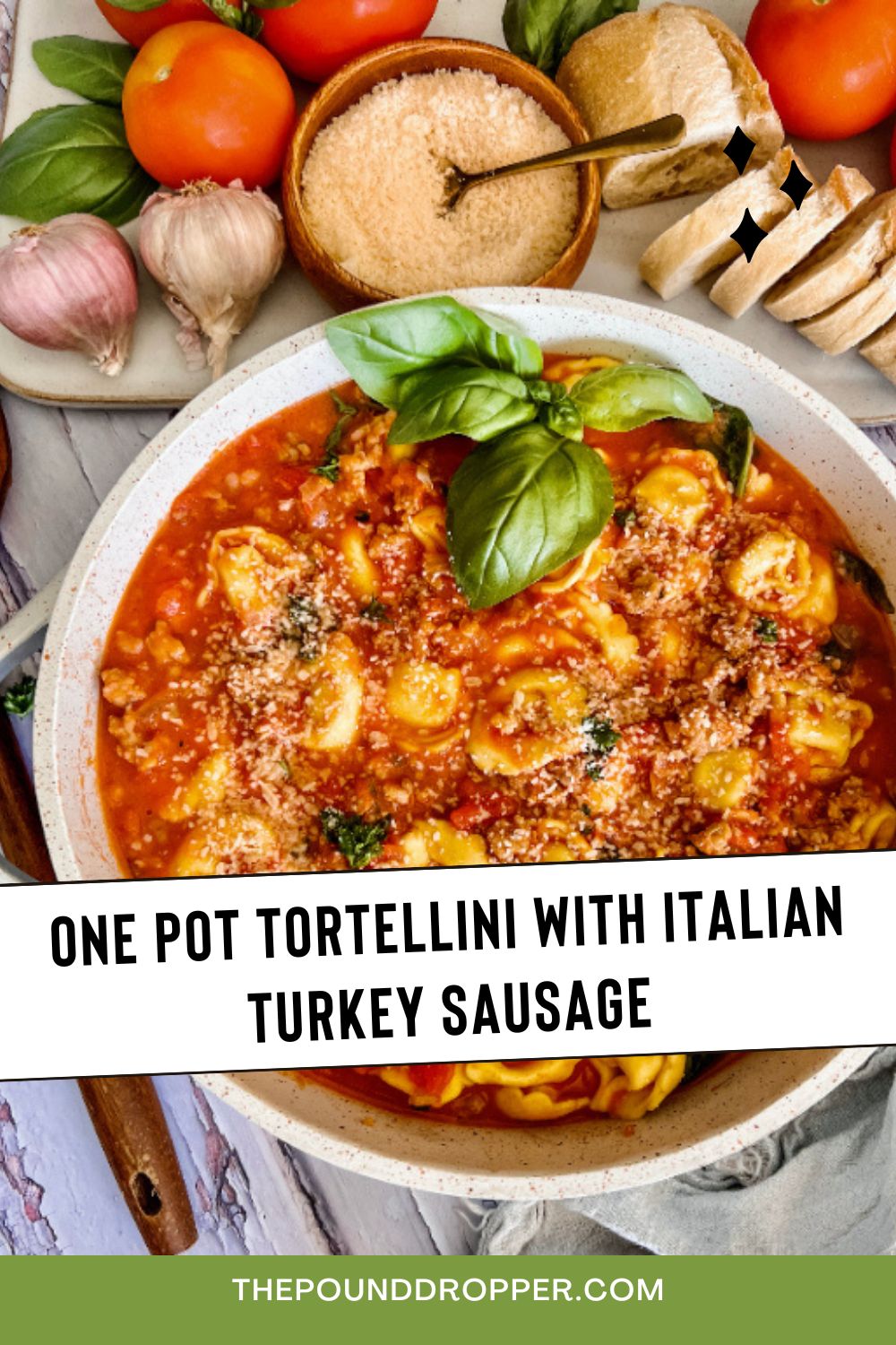 This One Pot Tortellini with Italian Turkey Sausage is an easy dinner idea made all in one pan for easy cleanup. It's family friendly, quick and easy-and irresistibly delicious!  via @pounddropper
