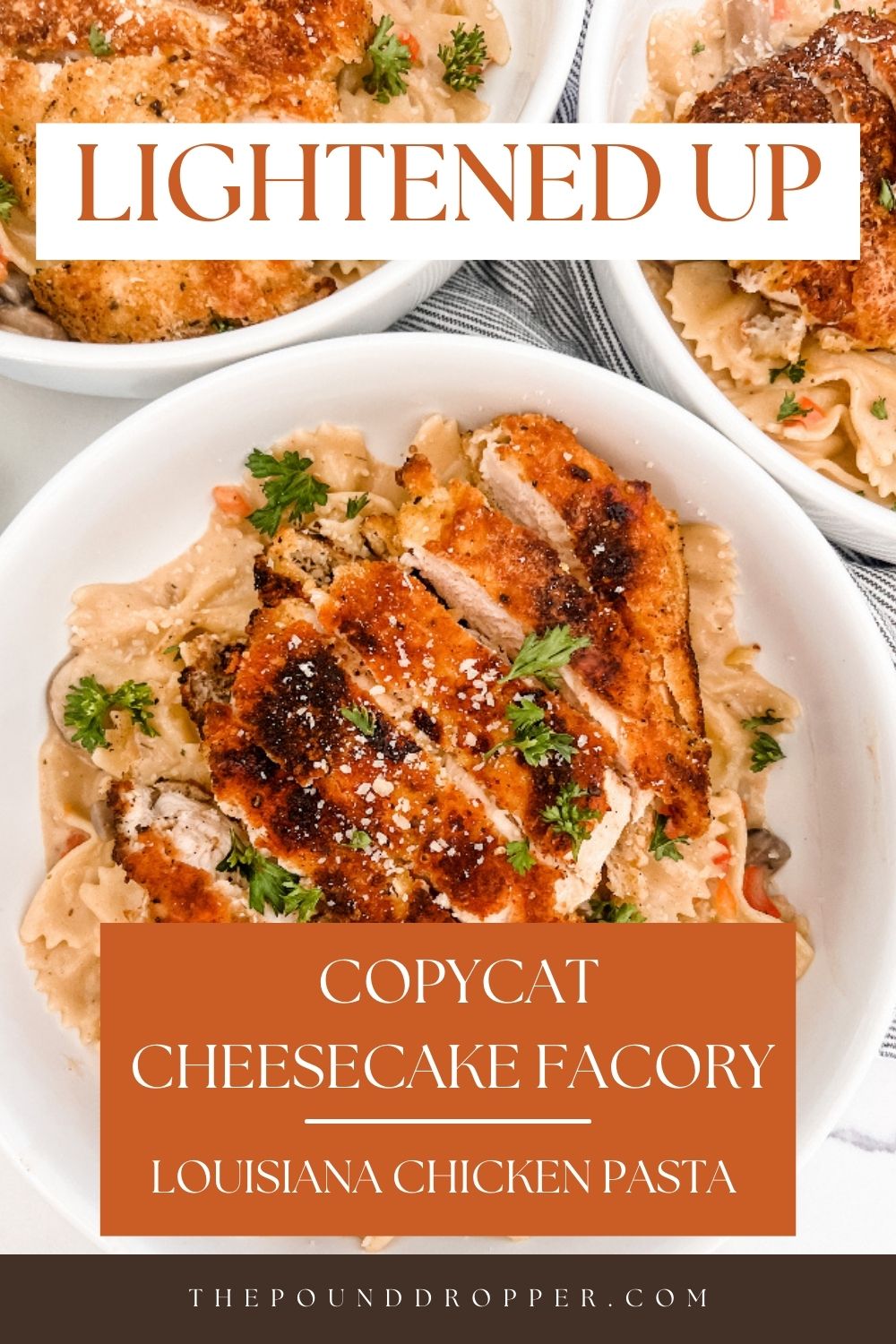 This Lightened Up Copycat Cheesecake Factory Louisiana Chicken Pasta is a lightened up dish from the Cheesecake Factory-packed with mushrooms, onions, and bell peppers, bow tie pasta, then smothered in a creamy cajun sauce, and topped with a Parmesan crusted chicken breast! It's a simple skillet meal that comes together quickly and is loaded with goodness! via @pounddropper