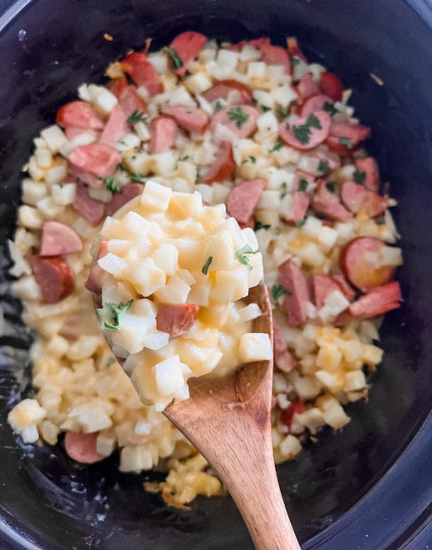 Lightened Up Slow Cooker Cheesy Kielbasa Hash Brown Casserole - Pound ...