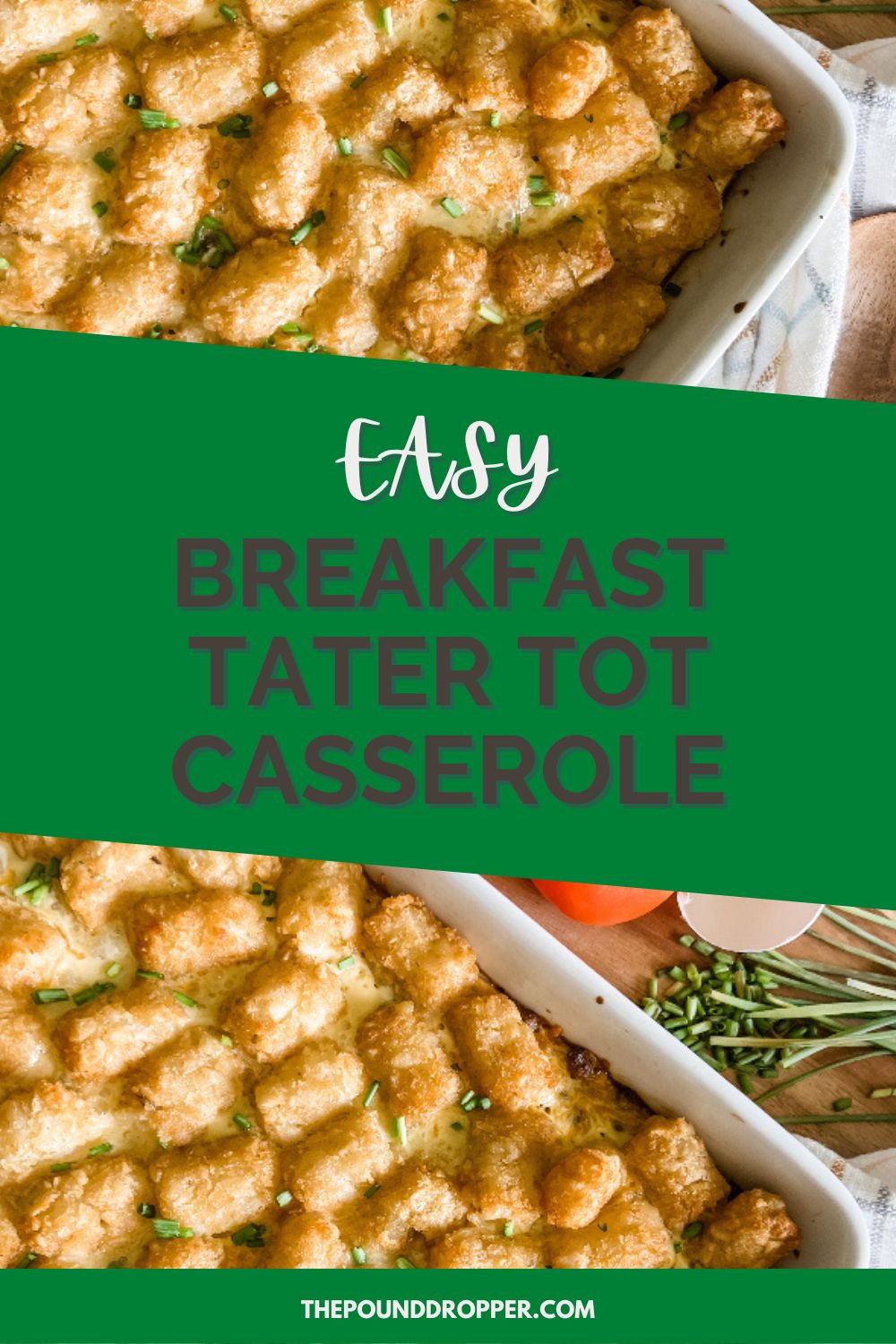 This Easy Breakfast Tater Tot Casserole is packed with eggs, onion, bell peppers, sausage, cheese, and topped with crispy tater tots. This makes for an awesome meal prep breakfast casserole and takes just a few minutes to throw together. It's filling, hearty, and great way to start your morning!! via @pounddropper