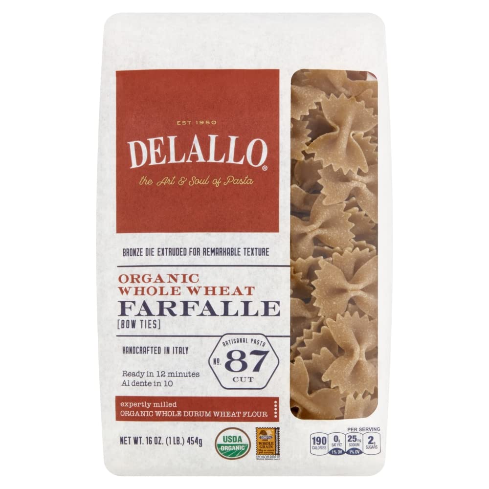 DeLallo Organic Whole Wheat Farfalle, Bow Ties Pasta, 1lb Bag
