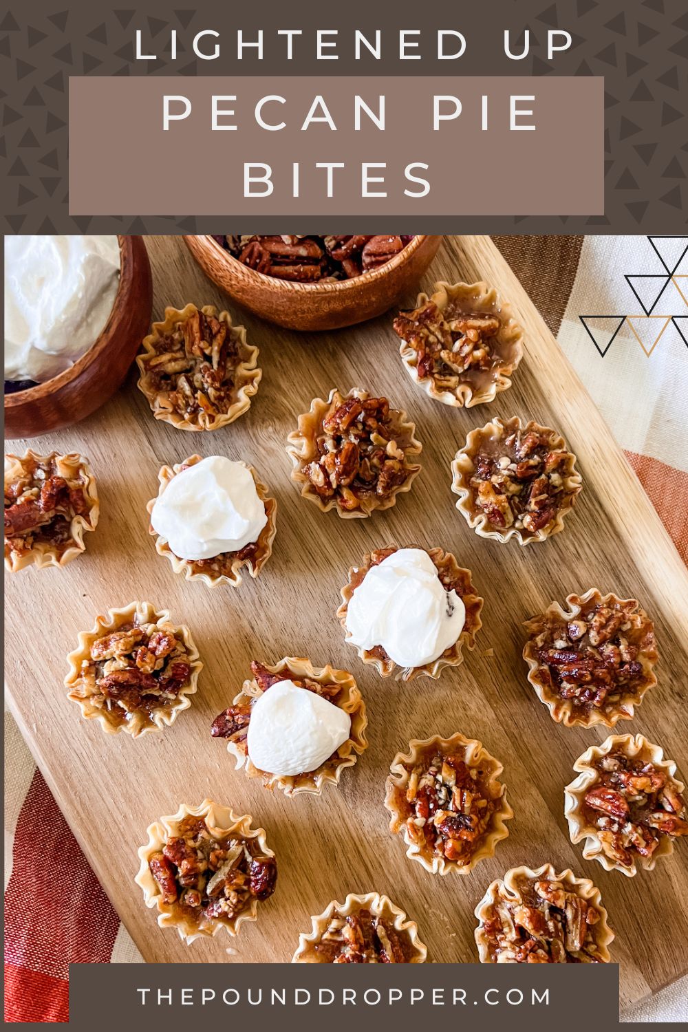These Lightened Up Pecan Pie Bites are a healthier alternative to traditional pecan pies-and contain less fat, sugar, and calories without sacrificing the flavor! They are everything you love in pecan pie but in mini form! Perfect to make for your next holiday party!  via @pounddropper