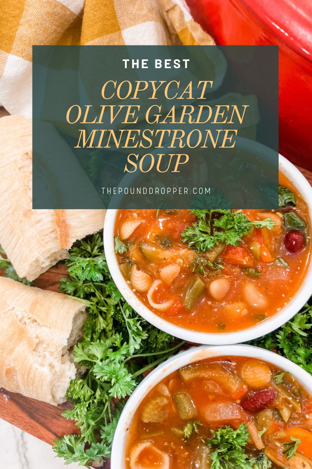 Serve up your favorite Olive Garden™ soup by making this Copycat Olive Garden Minestrone Soup at home. This hearty soup is made in one pot and takes less than 30 minutes to make. It’s a copycat of the restaurant version that tastes even better than the original recipe! Made with lots of fresh vegetables, beans, shell pasta, and in a light tomato broth. via @pounddropper