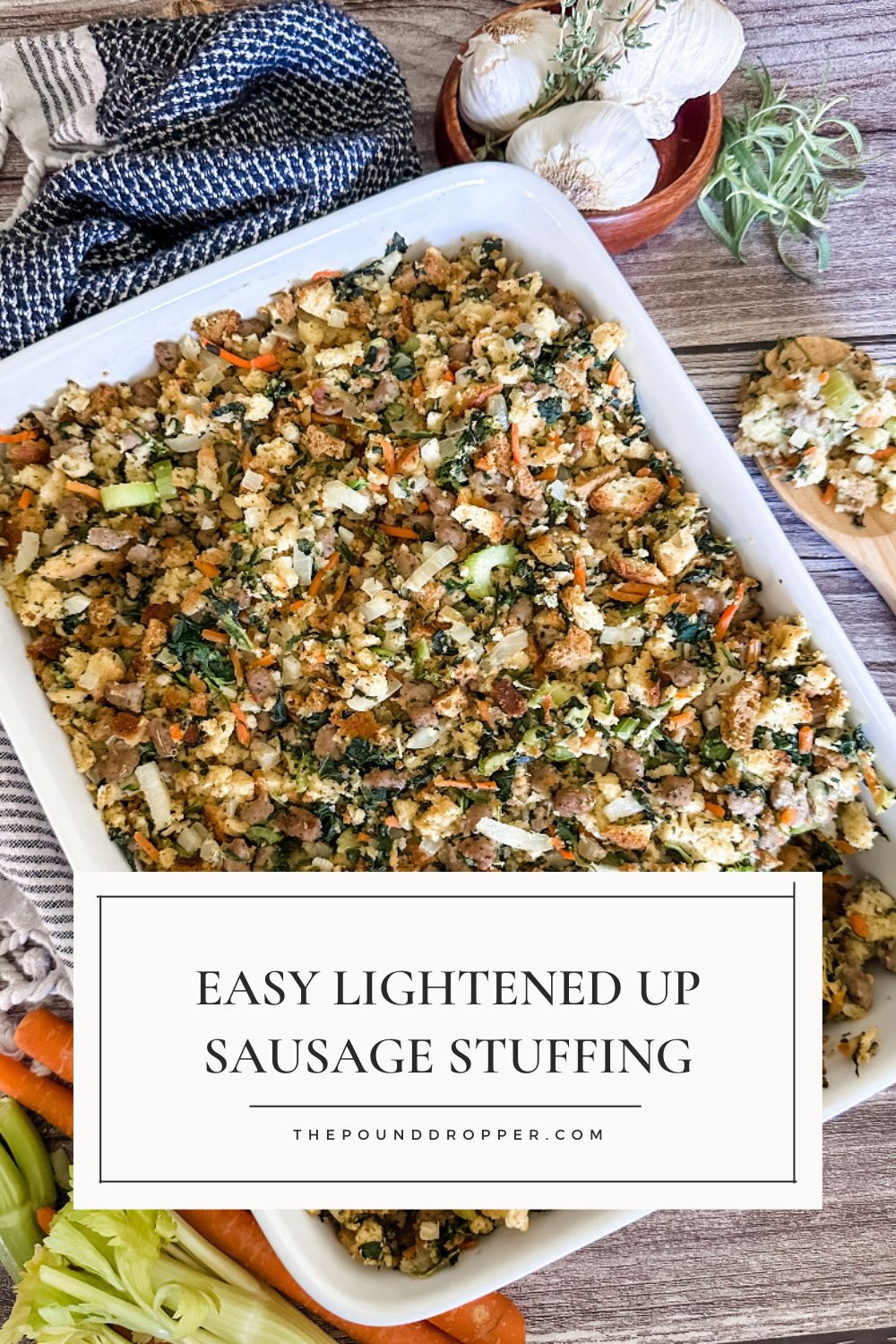 This Easy Lightened Up Sausage Stuffing is the BEST LIGHTENED UP stuffing recipe. Made with simple ingredients and with minimal effort, making it an easy side dish that is full of flavor! Perfect for your Thanksgiving feast! via @pounddropper