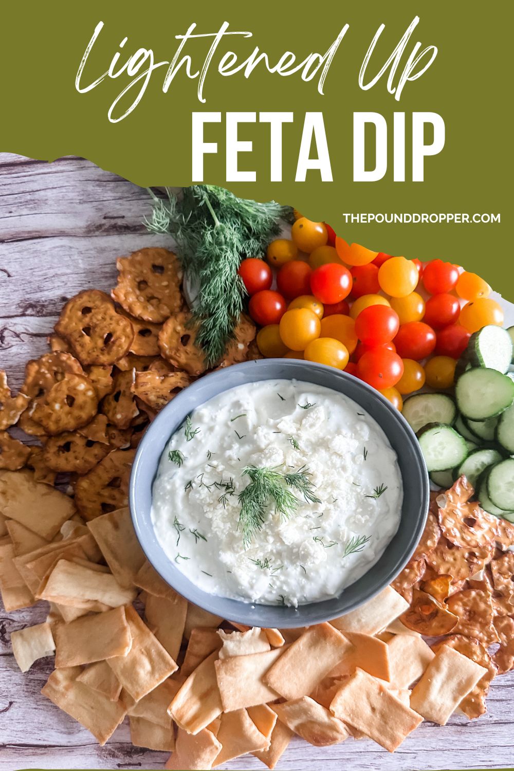 This Lightened Up Greek Feta Dip is one of the easiest dips you’ll ever make! It's loaded with feta, greek yogurt, light cream cheese, and fresh dill. This dip comes together in just 5 minutes! Serve it with veggies, pita chips or your favorite crackers! via @pounddropper