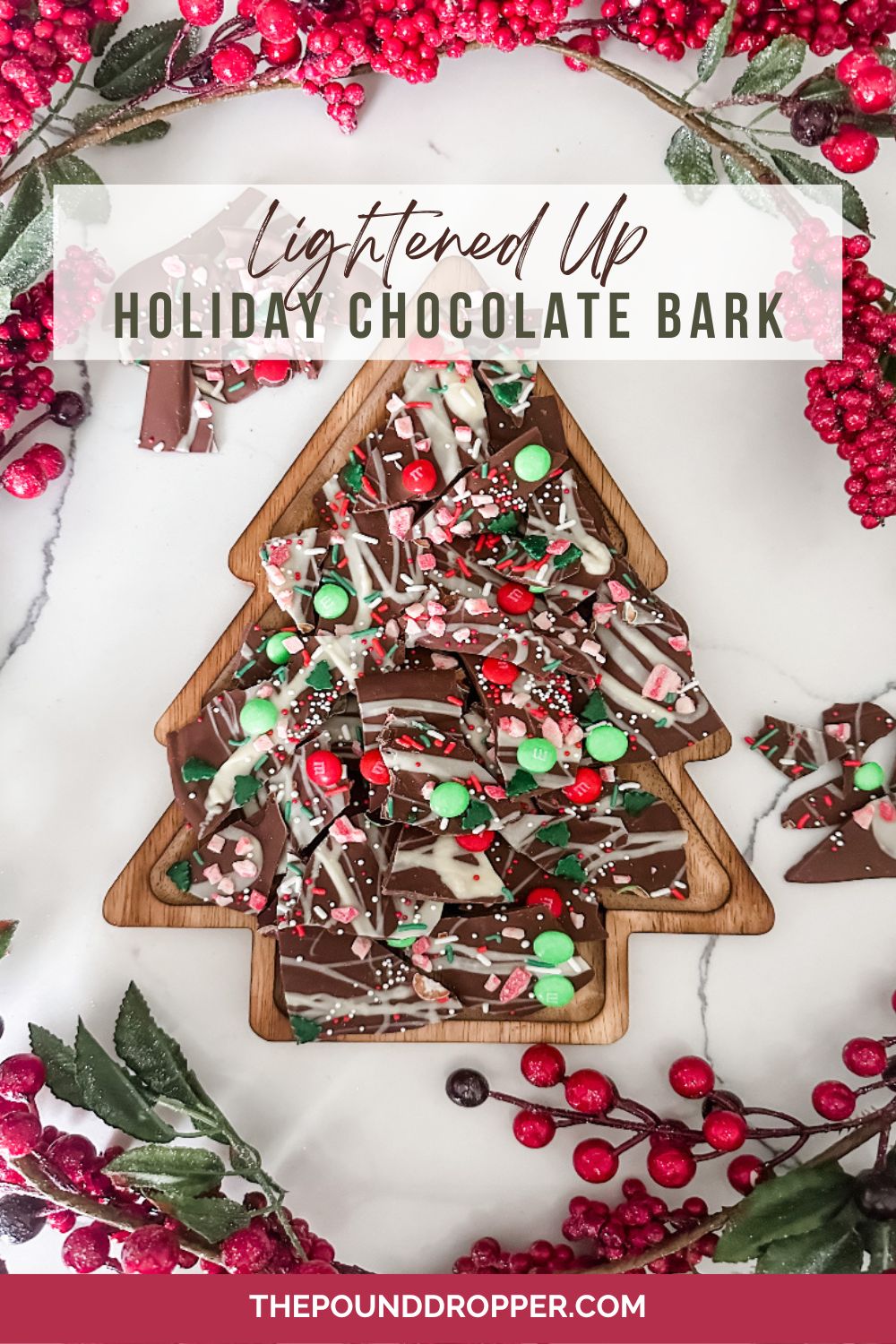  This Lightened Up Holiday Chocolate Bark  is pretty much the easiest treat you can possibly make. With endless flavor possibilities! This bark requires only a few ingredients and takes less than 5 minutes to put together! via @pounddropper